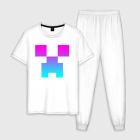 Мужская пижама хлопок с принтом MINECRAFT CREEPER NEON в Курске, 100% хлопок | брюки и футболка прямого кроя, без карманов, на брюках мягкая резинка на поясе и по низу штанин
 | block | creeper | cube | minecraft | pixel | блок | геометрия | крафт | крипер | кубики | майнкрафт | пиксели