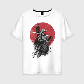 Женская футболка хлопок Oversize с принтом Японский самурай в Курске, 100% хлопок | свободный крой, круглый ворот, спущенный рукав, длина до линии бедер
 | белый | воен | катана | красный | меч | пепел | самурай | флаг | черный | япония