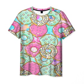 Мужская футболка 3D с принтом Пончики в Курске, 100% полиэфир | прямой крой, круглый вырез горловины, длина до линии бедер | blue | pink | арт | голубая | гомер | девушке | детская | еда | красивая | летняя | липкая | парню | подарок | пончик | пончики | пп | прикольная | противная | ребёнку | розовая | светлая | текстура | цветная