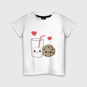Детская футболка хлопок с принтом Milk and Cookies Love в Курске, 100% хлопок | круглый вырез горловины, полуприлегающий силуэт, длина до линии бедер | Тематика изображения на принте: coockie | friend | minimalism | дружба | любовь | минимализм | молоко | печенье | печенька | печеньки