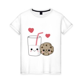 Женская футболка хлопок с принтом Milk and Cookies Love в Курске, 100% хлопок | прямой крой, круглый вырез горловины, длина до линии бедер, слегка спущенное плечо | coockie | friend | minimalism | дружба | любовь | минимализм | молоко | печенье | печенька | печеньки