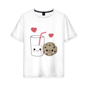 Женская футболка хлопок Oversize с принтом Milk and Cookies Love в Курске, 100% хлопок | свободный крой, круглый ворот, спущенный рукав, длина до линии бедер
 | Тематика изображения на принте: coockie | friend | minimalism | дружба | любовь | минимализм | молоко | печенье | печенька | печеньки