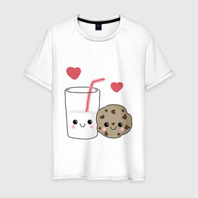 Мужская футболка хлопок с принтом Milk and Cookies Love в Курске, 100% хлопок | прямой крой, круглый вырез горловины, длина до линии бедер, слегка спущенное плечо. | coockie | friend | minimalism | дружба | любовь | минимализм | молоко | печенье | печенька | печеньки