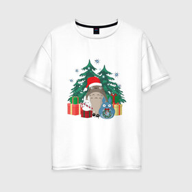 Женская футболка хлопок Oversize с принтом New Year Totoro в Курске, 100% хлопок | свободный крой, круглый ворот, спущенный рукав, длина до линии бедер
 | forest | ghibli | japan | miyazaki | nature | neigbor | neighbour | new | totoro | анимация | аниме | гибли | друг | животные | лес | любовь | милый | мир | миядзаки | мульт | мультфильм | новый год | приключения | природа | сказка | сосед 