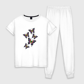 Женская пижама хлопок с принтом Радужные бабочки в Курске, 100% хлопок | брюки и футболка прямого кроя, без карманов, на брюках мягкая резинка на поясе и по низу штанин | ангел | бабочка | бабочки | весна | девочкам | девушке | крылья | лето | любовь | милый | насекомые | нежный | неоновый | подарок | природа | радужный | романтика | солнечный | цветочки