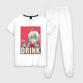 Женская пижама хлопок с принтом DRINK в Курске, 100% хлопок | брюки и футболка прямого кроя, без карманов, на брюках мягкая резинка на поясе и по низу штанин | anime | chuunibyou | cute | demo | drink | eye | ga | girl | hope | kawai | kawaii | koi | manga | rikka | takanashi | wicked | аниме | бант | гл | глаз | грешный | девочка | злой | любви | манга | на | надпись | не | пить | плакат | п