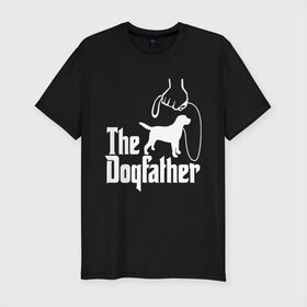 Мужская футболка хлопок Slim с принтом The Dogfather - пародия в Курске, 92% хлопок, 8% лайкра | приталенный силуэт, круглый вырез ворота, длина до линии бедра, короткий рукав | godfather | крестный отец | лабрадор | ретривер | собака | собачник | хобби