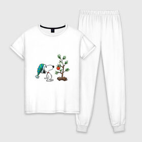 Женская пижама хлопок с принтом Снупи и ёлка в Курске, 100% хлопок | брюки и футболка прямого кроя, без карманов, на брюках мягкая резинка на поясе и по низу штанин | 
