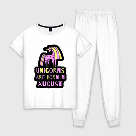 Женская пижама хлопок с принтом Единороги рождаются в августе в Курске, 100% хлопок | брюки и футболка прямого кроя, без карманов, на брюках мягкая резинка на поясе и по низу штанин | 