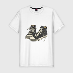 Мужская футболка хлопок Slim с принтом Кроссовки в Курске, 92% хлопок, 8% лайкра | приталенный силуэт, круглый вырез ворота, длина до линии бедра, короткий рукав | арт | бабочка | белый | кроссовки | лето | обувь | темный | узел | черный | шнурки