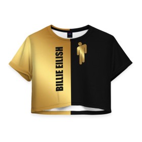 Женская футболка Crop-top 3D с принтом Billie Eilish Gold в Курске, 100% полиэстер | круглая горловина, длина футболки до линии талии, рукава с отворотами | billie eilish | billie eilish gold | bud guy | gold блонш | logo | айлиш | айлишь | билли | билли айлиш | блонч | блонш | золотой | золотой логотип | лого | логотип билли айлиш | человечек
