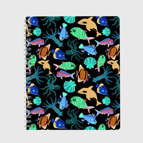 Тетрадь с принтом Summer в Курске, 100% бумага | 48 листов, плотность листов — 60 г/м2, плотность картонной обложки — 250 г/м2. Листы скреплены сбоку удобной пружинной спиралью. Уголки страниц и обложки скругленные. Цвет линий — светло-серый
 | color | design | fashion | fish | paint | shell | squid | summer | vanguard | авангард | дизайн | кальмар | краска | лето | мода | ракушка | рыба | цвет