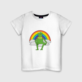 Детская футболка хлопок с принтом Лягушонок Кермит в Курске, 100% хлопок | круглый вырез горловины, полуприлегающий силуэт, длина до линии бедер | rainbow | герой | животные | зелёный | кермит | лягушка | мультик | мультфильм | персонаж | радуга | улица сезам | цветной