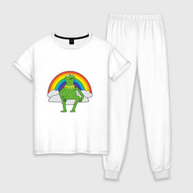 Женская пижама хлопок с принтом Лягушонок Кермит в Курске, 100% хлопок | брюки и футболка прямого кроя, без карманов, на брюках мягкая резинка на поясе и по низу штанин | rainbow | герой | животные | зелёный | кермит | лягушка | мультик | мультфильм | персонаж | радуга | улица сезам | цветной