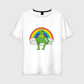 Женская футболка хлопок Oversize с принтом Лягушонок Кермит в Курске, 100% хлопок | свободный крой, круглый ворот, спущенный рукав, длина до линии бедер
 | rainbow | герой | животные | зелёный | кермит | лягушка | мультик | мультфильм | персонаж | радуга | улица сезам | цветной