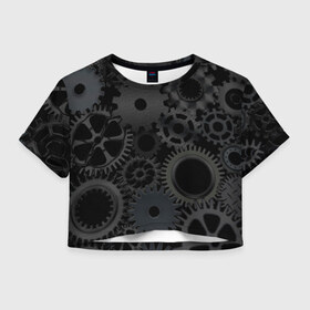 Женская футболка Crop-top 3D с принтом Механизмы в Курске, 100% полиэстер | круглая горловина, длина футболки до линии талии, рукава с отворотами | hi tech | steampunk | брутальные | брутальный | инженер | инжинер | искусство механизмов | механизм | механизмы | стимпанк | текстура | черные шестерёнки | шестеренки | шестерни | я инженер