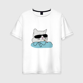 Женская футболка хлопок Oversize с принтом Крутой кот в Курске, 100% хлопок | свободный крой, круглый ворот, спущенный рукав, длина до линии бедер
 | mem | арт | животные | картинка | кот в очках | котик | кошка | мем | прикол | рисунок | смешной кот