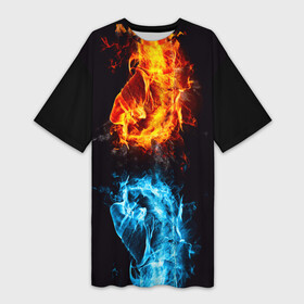 Платье-футболка 3D с принтом Огонь и Вода (противостояние) в Курске,  |  | dark | битва | битваогней | бокс | борьба | брызги | вода | волна | дракон | иньянь | искры | крутой | лед | мужчинам | неоновый | огненный | огонь | пламенный | пламя | притяжение | против