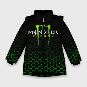 Зимняя куртка для девочек 3D с принтом MONSTER ENERGY в Курске, ткань верха — 100% полиэстер; подклад — 100% полиэстер, утеплитель — 100% полиэстер. | длина ниже бедра, удлиненная спинка, воротник стойка и отстегивающийся капюшон. Есть боковые карманы с листочкой на кнопках, утяжки по низу изделия и внутренний карман на молнии. 

Предусмотрены светоотражающий принт на спинке, радужный светоотражающий элемент на пуллере молнии и на резинке для утяжки. | black monster | bmx | claw | cybersport | energy | monster | monster energy | moto | motocross | race | sport | киберспорт | когти | монстер энерджи | монстр | мото | мотокросс | ралли | скейтбординг | спорт | энергия