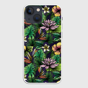 Чехол для iPhone 13 mini с принтом Летние цветы в Курске,  |  | summer | джунгли | краски | летняя | лето | листы | листья | надпись | настроение | отдых | отпуск | пальмы | пляжная | позитив | стиль | тропики | тропическая | цветочки | цветы | яркая