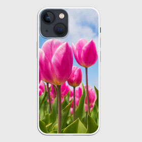 Чехол для iPhone 13 mini с принтом Розовые тюльпаны в Курске,  |  | flowers | бутоны | дача | девушке | женщинам | лепестки | летний | лето | листья | любимая | любовь | небесный | небо | нежный | облака | поляна | природа | растения | романтика | сад | синеенебо | солнечный