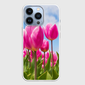 Чехол для iPhone 13 Pro с принтом Розовые тюльпаны в Курске,  |  | flowers | бутоны | дача | девушке | женщинам | лепестки | летний | лето | листья | любимая | любовь | небесный | небо | нежный | облака | поляна | природа | растения | романтика | сад | синеенебо | солнечный