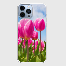 Чехол для iPhone 13 Pro Max с принтом Розовые тюльпаны в Курске,  |  | flowers | бутоны | дача | девушке | женщинам | лепестки | летний | лето | листья | любимая | любовь | небесный | небо | нежный | облака | поляна | природа | растения | романтика | сад | синеенебо | солнечный