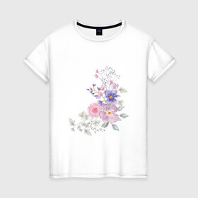 Женская футболка хлопок с принтом Акварельный цветы в Курске, 100% хлопок | прямой крой, круглый вырез горловины, длина до линии бедер, слегка спущенное плечо | акварель | арт | зеленый | лето | полевые цветы | рисунок | розовый | синий | фиолетовый | цветы