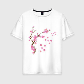 Женская футболка хлопок Oversize с принтом Розовая сакура в Курске, 100% хлопок | свободный крой, круглый ворот, спущенный рукав, длина до линии бедер
 | Тематика изображения на принте: лето | розовый | сакура | цветение | цветы