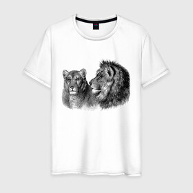 Мужская футболка хлопок с принтом Лев и Львица в Курске, 100% хлопок | прямой крой, круглый вырез горловины, длина до линии бедер, слегка спущенное плечо. | большие | детские | животные | звери | кошки | крупные | лев | львица | мультфильмы | пара