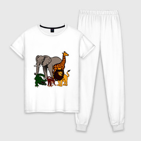 Женская пижама хлопок с принтом Африка в Курске, 100% хлопок | брюки и футболка прямого кроя, без карманов, на брюках мягкая резинка на поясе и по низу штанин | африка | детские | животные | жираф | звери | зоопарк | картинки | крокодил | лев | мультфильмы | обезьяна | прикольные | природа | слон