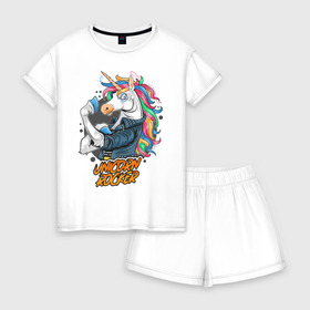Женская пижама с шортиками хлопок с принтом Unicorn Rocker в Курске, 100% хлопок | футболка прямого кроя, шорты свободные с широкой мягкой резинкой | art | rock | rocker | unicorn | арт | единорог | животные | картинка | рисунок | рок | рокер