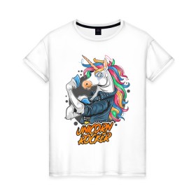 Женская футболка хлопок с принтом Unicorn Rocker в Курске, 100% хлопок | прямой крой, круглый вырез горловины, длина до линии бедер, слегка спущенное плечо | art | rock | rocker | unicorn | арт | единорог | животные | картинка | рисунок | рок | рокер