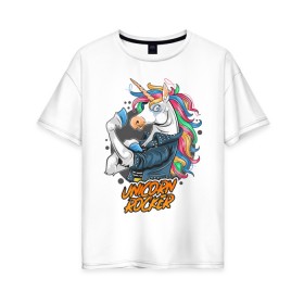 Женская футболка хлопок Oversize с принтом Unicorn Rocker в Курске, 100% хлопок | свободный крой, круглый ворот, спущенный рукав, длина до линии бедер
 | art | rock | rocker | unicorn | арт | единорог | животные | картинка | рисунок | рок | рокер