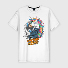 Мужская футболка премиум с принтом Unicorn Rocker в Курске, 92% хлопок, 8% лайкра | приталенный силуэт, круглый вырез ворота, длина до линии бедра, короткий рукав | art | rock | rocker | unicorn | арт | единорог | животные | картинка | рисунок | рок | рокер