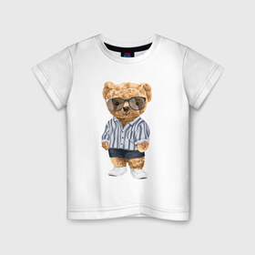 Детская футболка хлопок с принтом Модный плюшевый медведь в Курске, 100% хлопок | круглый вырез горловины, полуприлегающий силуэт, длина до линии бедер | арт | животные | игрушка | картинка | крутой медведь | медведь | медвежонок | мишка | мода | модный медведь | плюшевый | плюшевый медведь | рисунок