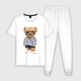 Мужская пижама хлопок с принтом Модный плюшевый медведь в Курске, 100% хлопок | брюки и футболка прямого кроя, без карманов, на брюках мягкая резинка на поясе и по низу штанин
 | арт | животные | игрушка | картинка | крутой медведь | медведь | медвежонок | мишка | мода | модный медведь | плюшевый | плюшевый медведь | рисунок