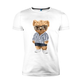 Мужская футболка премиум с принтом Модный плюшевый медведь в Курске, 92% хлопок, 8% лайкра | приталенный силуэт, круглый вырез ворота, длина до линии бедра, короткий рукав | арт | животные | игрушка | картинка | крутой медведь | медведь | медвежонок | мишка | мода | модный медведь | плюшевый | плюшевый медведь | рисунок