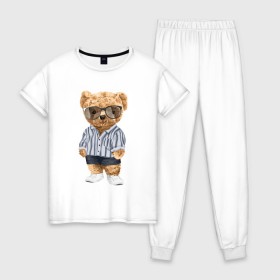 Женская пижама хлопок с принтом Модный плюшевый медведь в Курске, 100% хлопок | брюки и футболка прямого кроя, без карманов, на брюках мягкая резинка на поясе и по низу штанин | арт | животные | игрушка | картинка | крутой медведь | медведь | медвежонок | мишка | мода | модный медведь | плюшевый | плюшевый медведь | рисунок