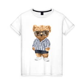 Женская футболка хлопок с принтом Модный плюшевый медведь в Курске, 100% хлопок | прямой крой, круглый вырез горловины, длина до линии бедер, слегка спущенное плечо | арт | животные | игрушка | картинка | крутой медведь | медведь | медвежонок | мишка | мода | модный медведь | плюшевый | плюшевый медведь | рисунок
