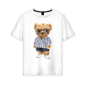 Женская футболка хлопок Oversize с принтом Модный плюшевый медведь в Курске, 100% хлопок | свободный крой, круглый ворот, спущенный рукав, длина до линии бедер
 | арт | животные | игрушка | картинка | крутой медведь | медведь | медвежонок | мишка | мода | модный медведь | плюшевый | плюшевый медведь | рисунок