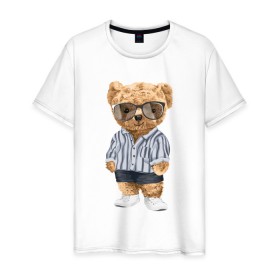 Мужская футболка хлопок с принтом Модный плюшевый медведь в Курске, 100% хлопок | прямой крой, круглый вырез горловины, длина до линии бедер, слегка спущенное плечо. | Тематика изображения на принте: арт | животные | игрушка | картинка | крутой медведь | медведь | медвежонок | мишка | мода | модный медведь | плюшевый | плюшевый медведь | рисунок