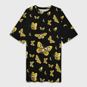 Платье-футболка 3D с принтом Golden Butterfly pattern в Курске,  |  | black | pattern | summer | wings | ангел | бабочка | бабочки | блестки | блестящий | девушке | желтые | животные | звери | золото | золотые | крылья | летать | летний | лето | мотылек | насекомое | ночные | паттерн