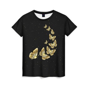Женская футболка 3D с принтом Golden Butterfly in Space в Курске, 100% полиэфир ( синтетическое хлопкоподобное полотно) | прямой крой, круглый вырез горловины, длина до линии бедер | black | summer | wings | ангел | бабочка | бабочки | блестки | блестящий | девушке | желтые | животные | звезды | звери | золото | золотые | космос | крылья | летать | летний | лето | мотылек | насекомое | ночные