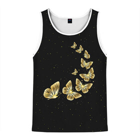 Мужская майка 3D с принтом Golden Butterfly in Space в Курске, 100% полиэстер | круглая горловина, приталенный силуэт, длина до линии бедра. Пройма и горловина окантованы тонкой бейкой | black | summer | wings | ангел | бабочка | бабочки | блестки | блестящий | девушке | желтые | животные | звезды | звери | золото | золотые | космос | крылья | летать | летний | лето | мотылек | насекомое | ночные