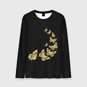 Мужской лонгслив 3D с принтом Golden Butterfly in Space в Курске, 100% полиэстер | длинные рукава, круглый вырез горловины, полуприлегающий силуэт | black | summer | wings | ангел | бабочка | бабочки | блестки | блестящий | девушке | желтые | животные | звезды | звери | золото | золотые | космос | крылья | летать | летний | лето | мотылек | насекомое | ночные