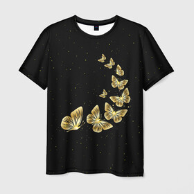 Мужская футболка 3D с принтом Golden Butterfly in Space в Курске, 100% полиэфир | прямой крой, круглый вырез горловины, длина до линии бедер | black | summer | wings | ангел | бабочка | бабочки | блестки | блестящий | девушке | желтые | животные | звезды | звери | золото | золотые | космос | крылья | летать | летний | лето | мотылек | насекомое | ночные