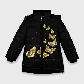 Зимняя куртка для девочек 3D с принтом Golden Butterfly in Space в Курске, ткань верха — 100% полиэстер; подклад — 100% полиэстер, утеплитель — 100% полиэстер. | длина ниже бедра, удлиненная спинка, воротник стойка и отстегивающийся капюшон. Есть боковые карманы с листочкой на кнопках, утяжки по низу изделия и внутренний карман на молнии. 

Предусмотрены светоотражающий принт на спинке, радужный светоотражающий элемент на пуллере молнии и на резинке для утяжки. | black | summer | wings | ангел | бабочка | бабочки | блестки | блестящий | девушке | желтые | животные | звезды | звери | золото | золотые | космос | крылья | летать | летний | лето | мотылек | насекомое | ночные