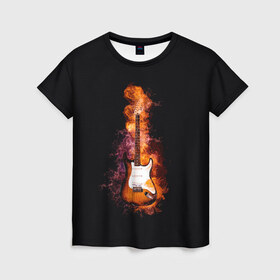 Женская футболка 3D с принтом Огонь музыка в Курске, 100% полиэфир ( синтетическое хлопкоподобное полотно) | прямой крой, круглый вырез горловины, длина до линии бедер | black | гитара | гитарист | гитаристу | демон | инструменты | музыка | музыкальные | музыкант | огненный | огонек | огонь | пение | песня | пламя | поп | профессия | рок | рокер | струны | хобби
