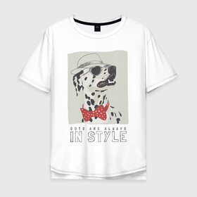 Мужская футболка хлопок Oversize с принтом далматинец на стиле в Курске, 100% хлопок | свободный крой, круглый ворот, “спинка” длиннее передней части | арт | бабочка | далматинец | джентльмен | животные | картинка | мода | на моде | очки | пес | рисунок | собака | стиль | стильная собака | шляпа